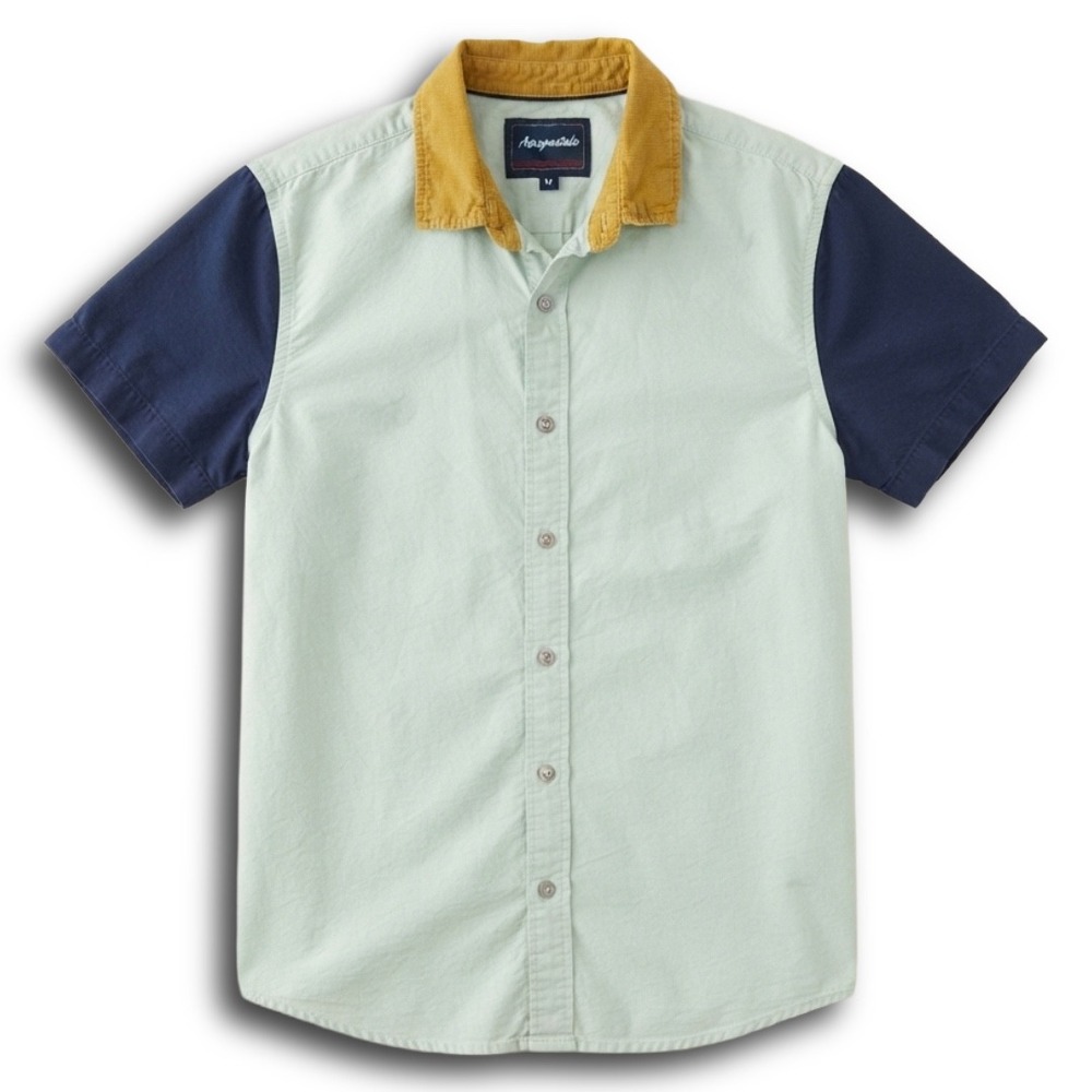 Aeropostale Mens Colorblock Button Down Shirt Green Navy Corduroy Collar Medium